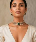 Emerald green stone kundan choker set