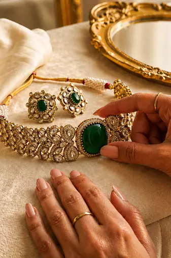 Emerald green stone kundan choker set