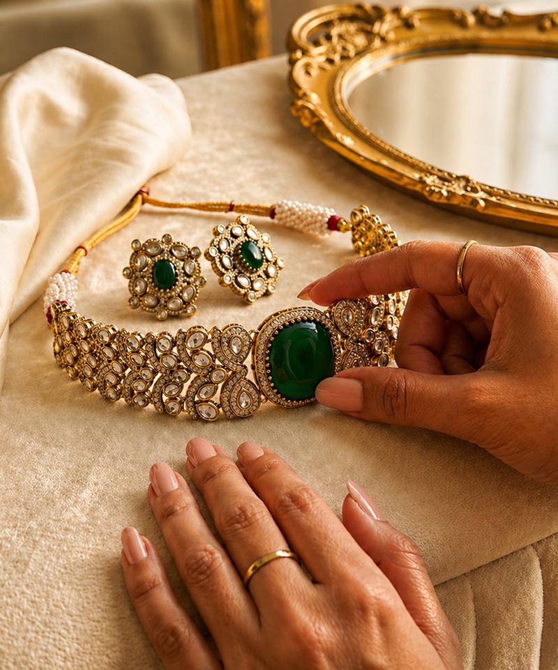 Emerald green stone kundan choker set
