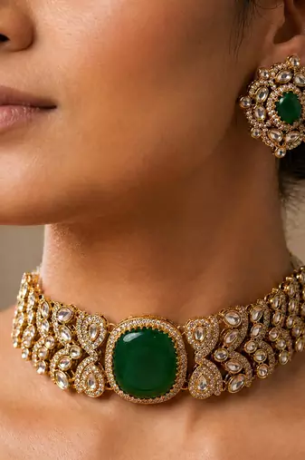 Emerald green stone kundan choker set