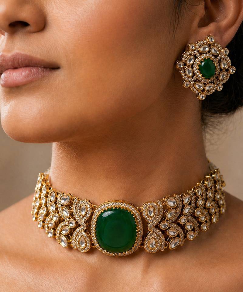 Emerald green stone kundan choker set