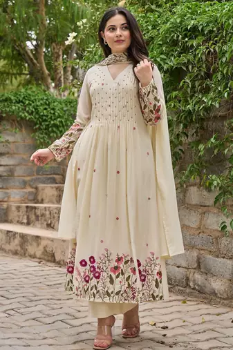 Women's Gorgeous Thread Work Chanderi Sik Fabric Flared Anarkali Pant and Dupatta Set