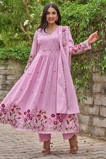Women's Gorgeous Thread Work Chanderi Sik Fabric Flared Anarkali Pant and Dupatta Set