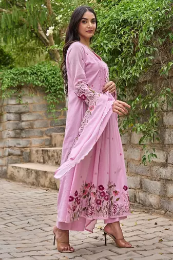 Women's Gorgeous Thread Work Chanderi Sik Fabric Flared Anarkali Pant and Dupatta Set