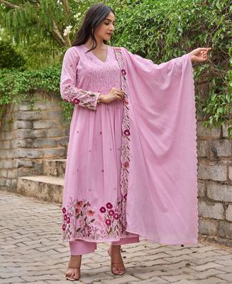 Women's Gorgeous Thread Work Chanderi Sik Fabric Flared Anarkali Pant and Dupatta Set 4
