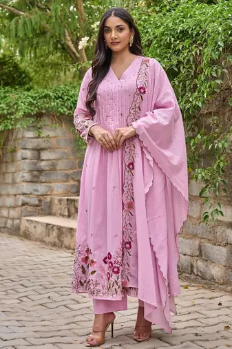 Women's Gorgeous Thread Work Chanderi Sik Fabric Flared Anarkali Pant and Dupatta Set