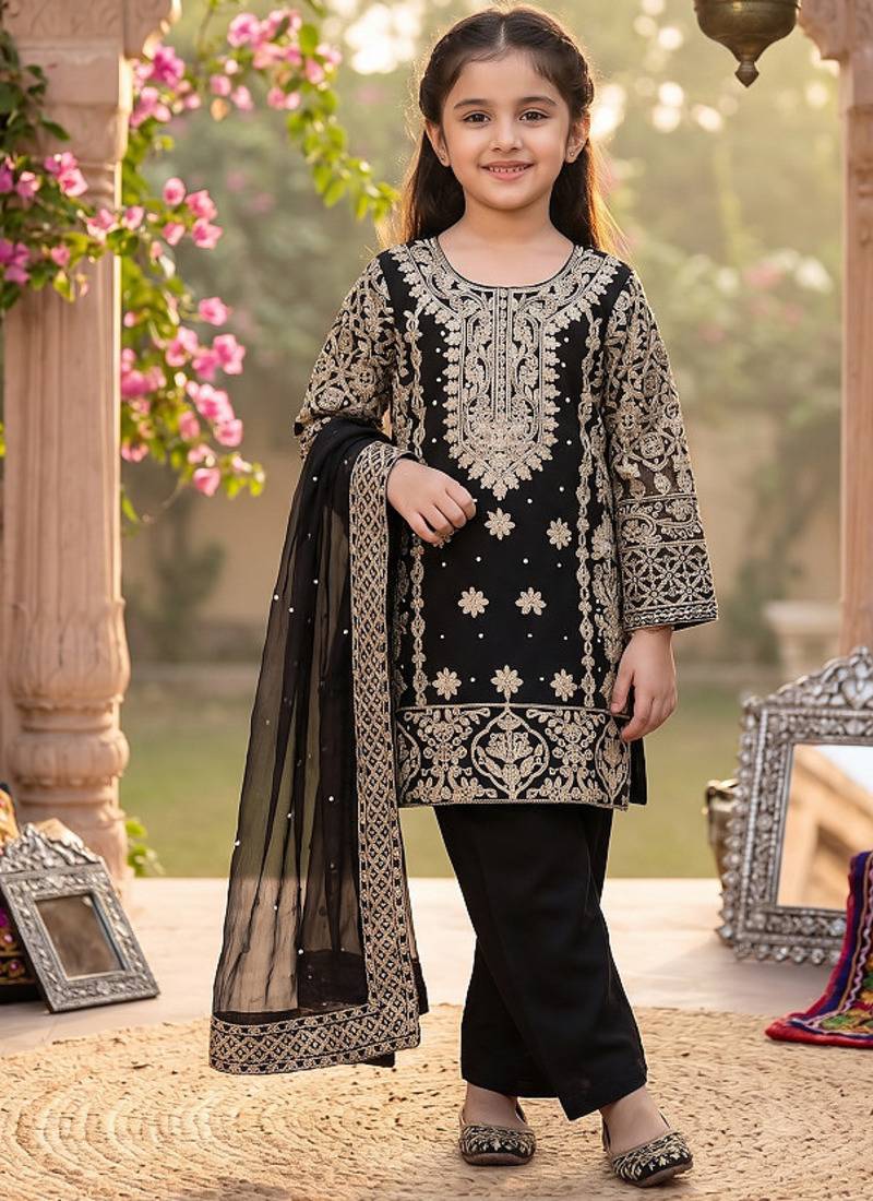 Elegant black georgette embroidered work girls' salwar suit set