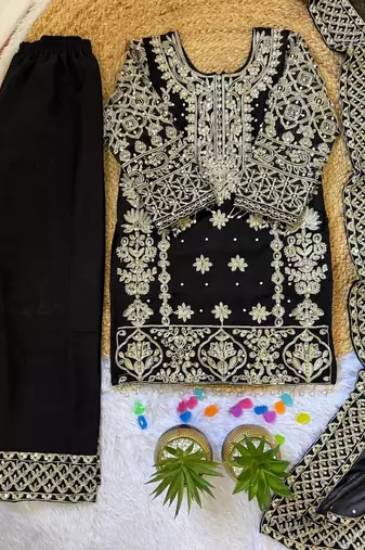 Elegant black georgette embroidered work girls' salwar suit set