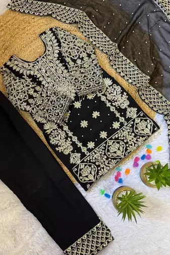 Elegant black georgette embroidered work girls' salwar suit set