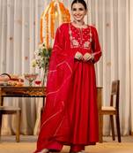 Women's Gorgeous Embroidery Work Chanderi Sik Fabric Flared Kurta Pant and Dupatta Set