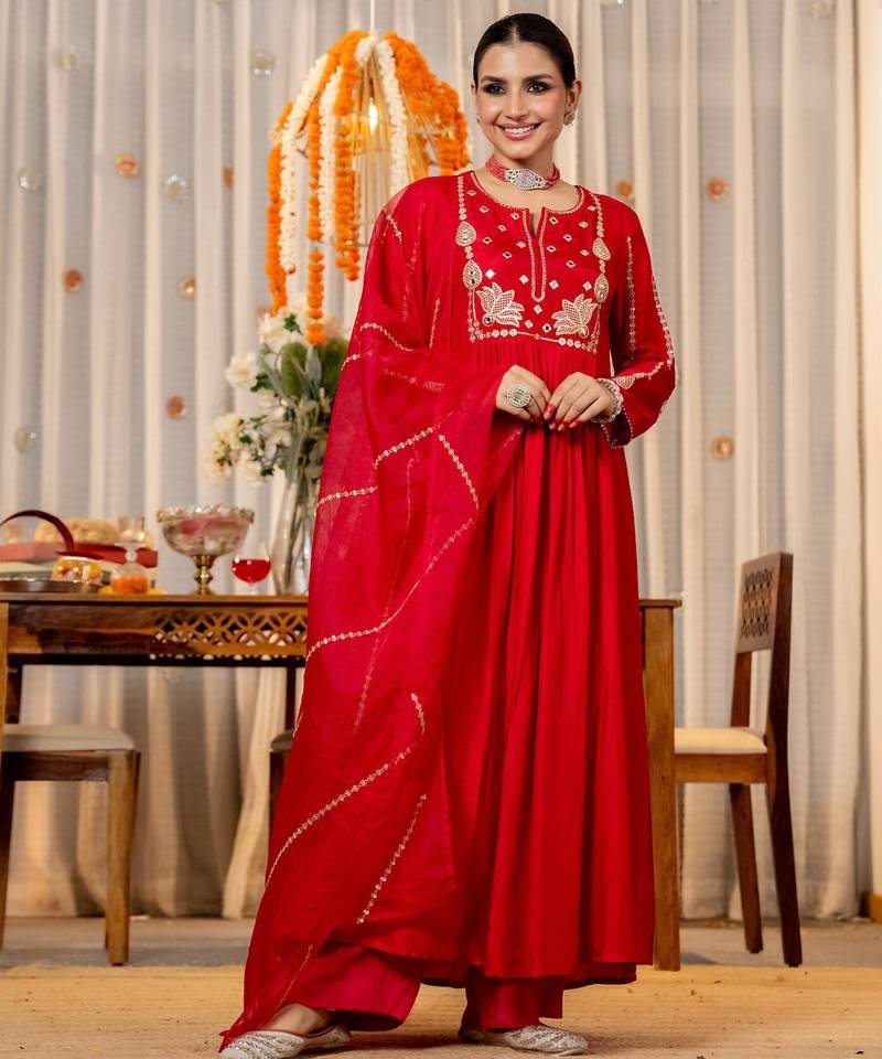 Women's Gorgeous Embroidery Work Chanderi Sik Fabric Flared Kurta Pant and Dupatta Set