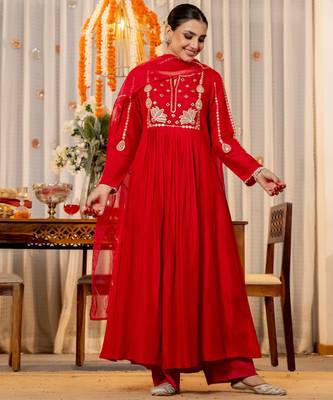 Women's Gorgeous Embroidery Work Chanderi Sik Fabric Flared Kurta Pant and Dupatta Set 3