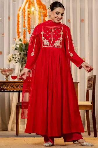 Women's Gorgeous Embroidery Work Chanderi Sik Fabric Flared Kurta Pant and Dupatta Set