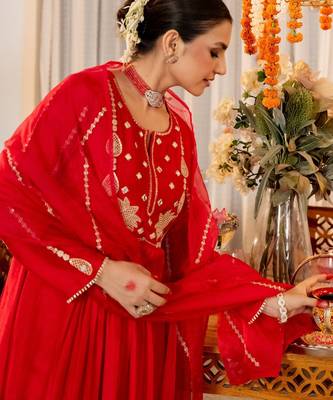 Women's Gorgeous Embroidery Work Chanderi Sik Fabric Flared Kurta Pant and Dupatta Set 4