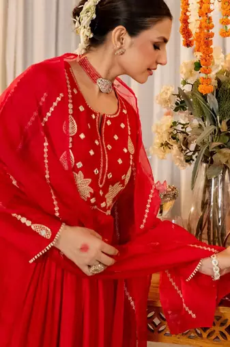 Women's Gorgeous Embroidery Work Chanderi Sik Fabric Flared Kurta Pant and Dupatta Set