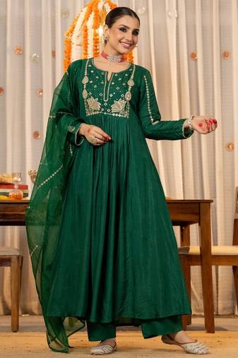 Women's Gorgeous Embroidery Work Chanderi Sik Fabric Flared Kurta Pant and Dupatta Set