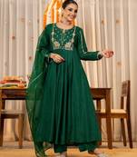 Women's Gorgeous Embroidery Work Chanderi Sik Fabric Flared Kurta Pant and Dupatta Set