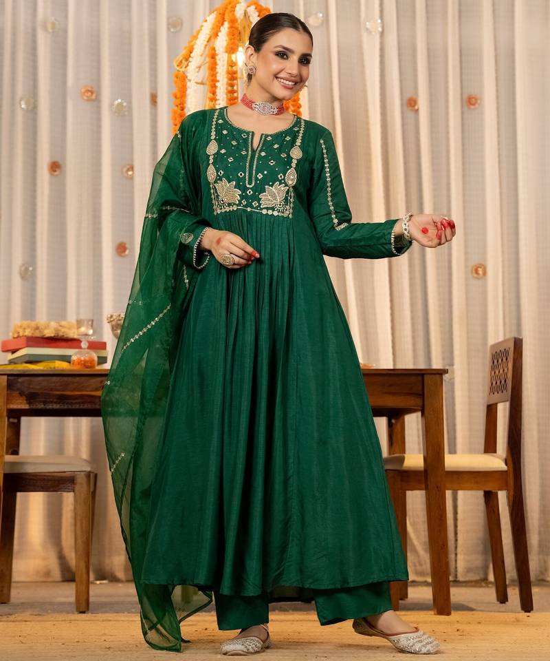 Women's Gorgeous Embroidery Work Chanderi Sik Fabric Flared Kurta Pant and Dupatta Set