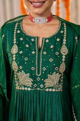 Women's Gorgeous Embroidery Work Chanderi Sik Fabric Flared Kurta Pant and Dupatta Set 2