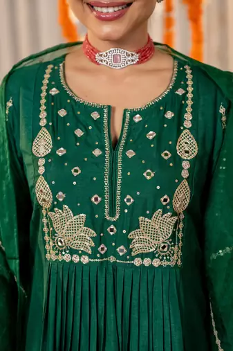 Women's Gorgeous Embroidery Work Chanderi Sik Fabric Flared Kurta Pant and Dupatta Set