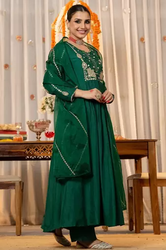 Women's Gorgeous Embroidery Work Chanderi Sik Fabric Flared Kurta Pant and Dupatta Set