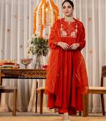 Women's Gorgeous Embroidery Work Chanderi Sik Fabric Flared Kurta Pant and Dupatta Set