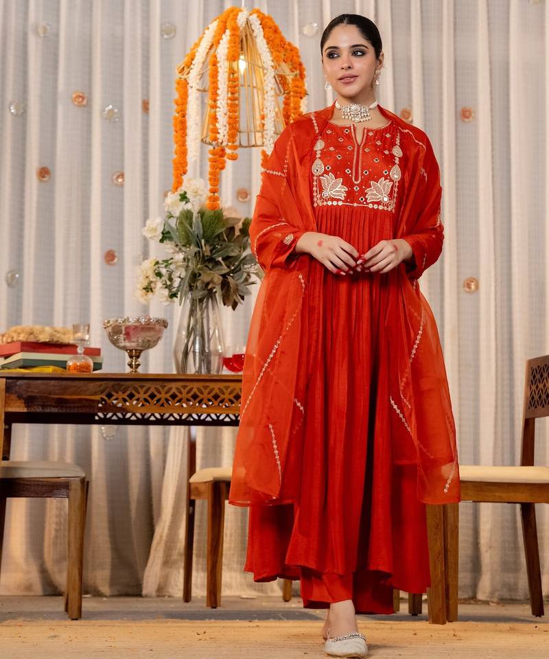 Women's Gorgeous Embroidery Work Chanderi Sik Fabric Flared Kurta Pant and Dupatta Set