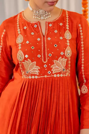Women's Gorgeous Embroidery Work Chanderi Sik Fabric Flared Kurta Pant and Dupatta Set