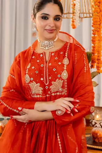 Women's Gorgeous Embroidery Work Chanderi Sik Fabric Flared Kurta Pant and Dupatta Set