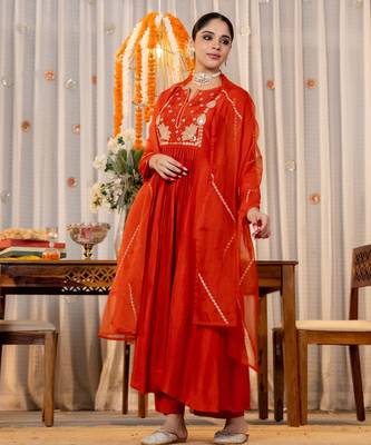 Women's Gorgeous Embroidery Work Chanderi Sik Fabric Flared Kurta Pant and Dupatta Set 5