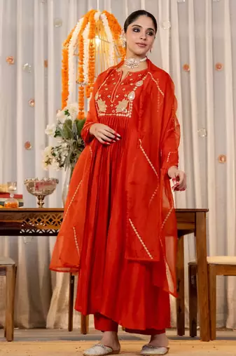 Women's Gorgeous Embroidery Work Chanderi Sik Fabric Flared Kurta Pant and Dupatta Set