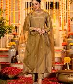 Women's Gorgeous Embroidery Work Simmar Chanderi Sik Fabric Flared Anarkali Pant and Dupatta Set