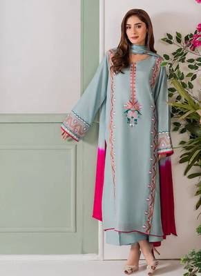 Women's Gorgeous Thread Work French Crepe Fabric Straight Kurta Palazzo and Dupatta Set 5