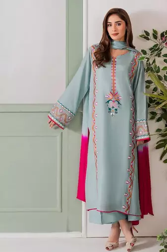 Women's Gorgeous Thread Work French Crepe Fabric Straight Kurta Palazzo and Dupatta Set