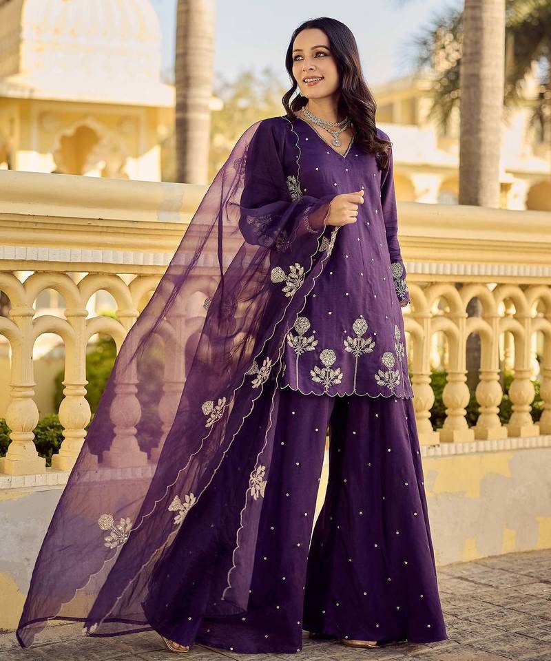 Women's Gorgeous Embroidery Work Chanderi Silk Fabric Straight Kurta Sharara and Dupatta Set