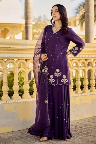 Women's Gorgeous Embroidery Work Chanderi Silk Fabric Straight Kurta Sharara and Dupatta Set