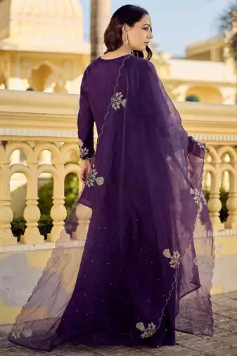 Women's Gorgeous Embroidery Work Chanderi Silk Fabric Straight Kurta Sharara and Dupatta Set