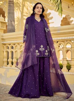 Women's Gorgeous Embroidery Work Chanderi Silk Fabric Straight Kurta Sharara and Dupatta Set 5