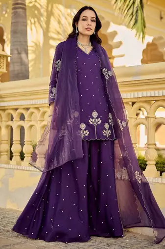 Women's Gorgeous Embroidery Work Chanderi Silk Fabric Straight Kurta Sharara and Dupatta Set