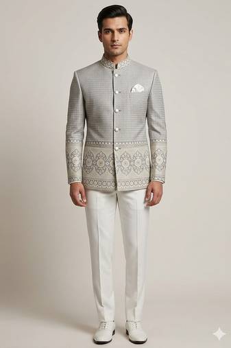 Grey daman weaving jodhpuri for men | premium designer bandhgala ethnic wear