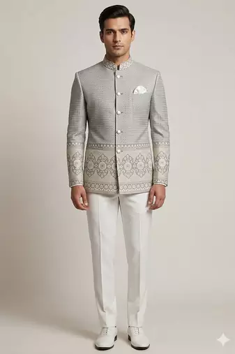 Grey daman weaving jodhpuri for men | premium designer bandhgala ethnic wear