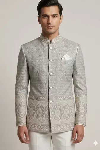 Grey daman weaving jodhpuri for men | premium designer bandhgala ethnic wear