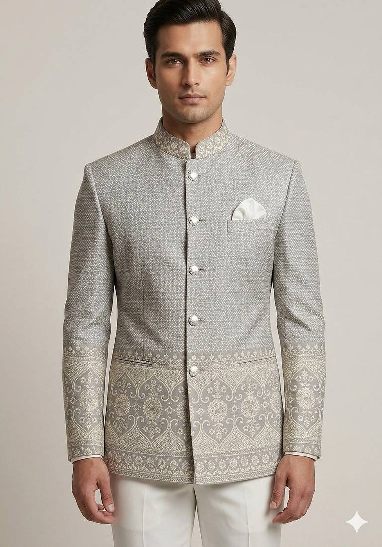Grey daman weaving jodhpuri for men | premium designer bandhgala ethnic wear