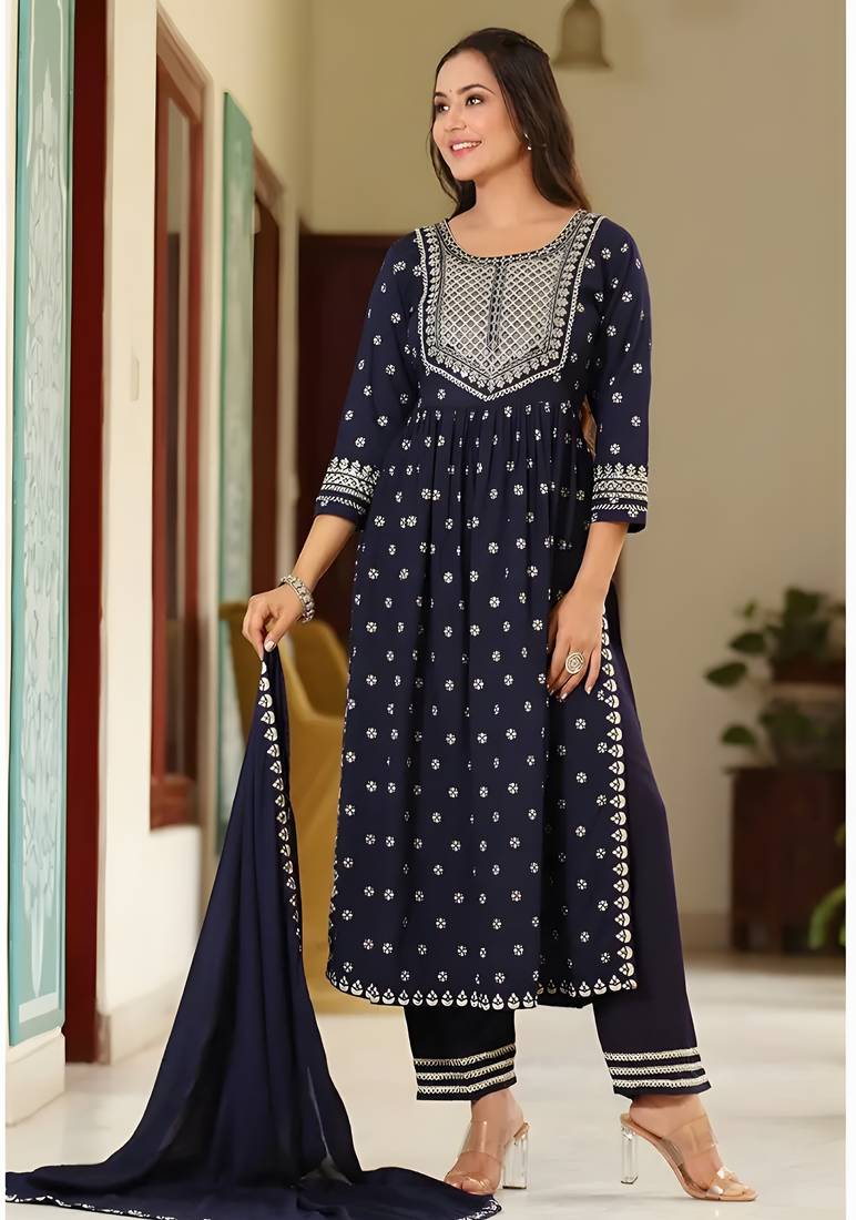 Cotton Anarkali Kurta Set with Pant & Dupatta