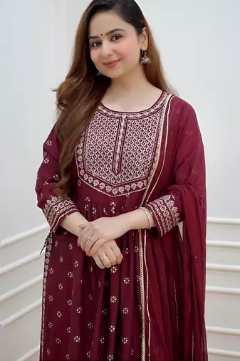 Cotton Anarkali Kurta Set with Pant & Dupatta