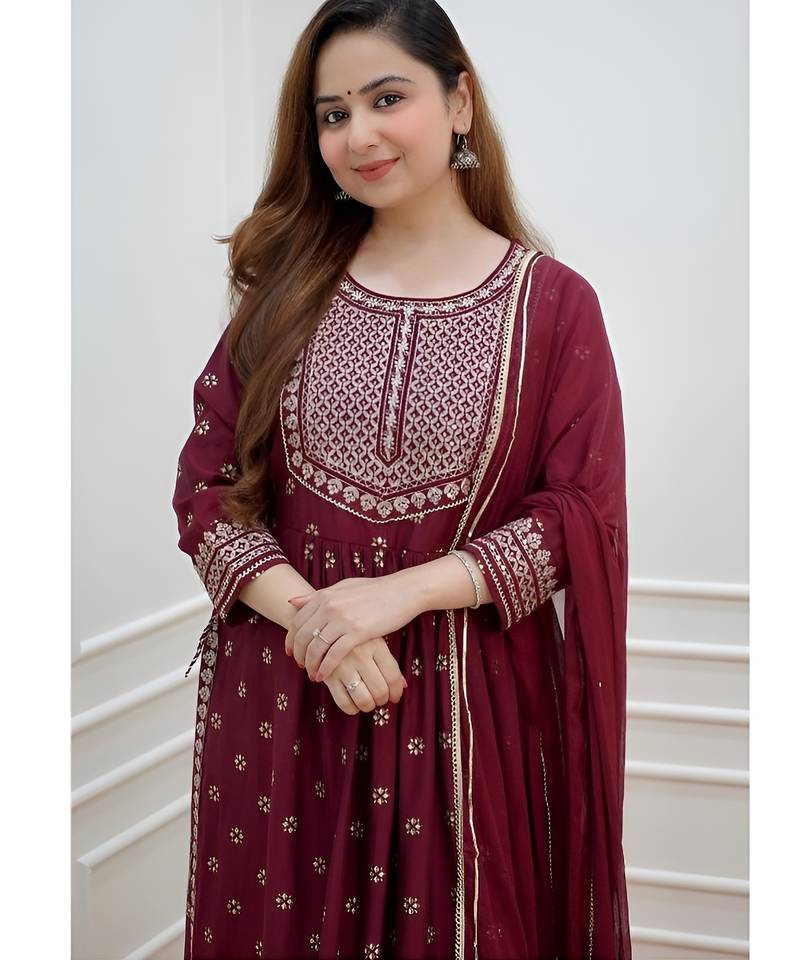 Cotton Anarkali Kurta Set with Pant & Dupatta