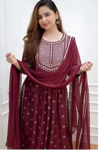Cotton Anarkali Kurta Set with Pant & Dupatta