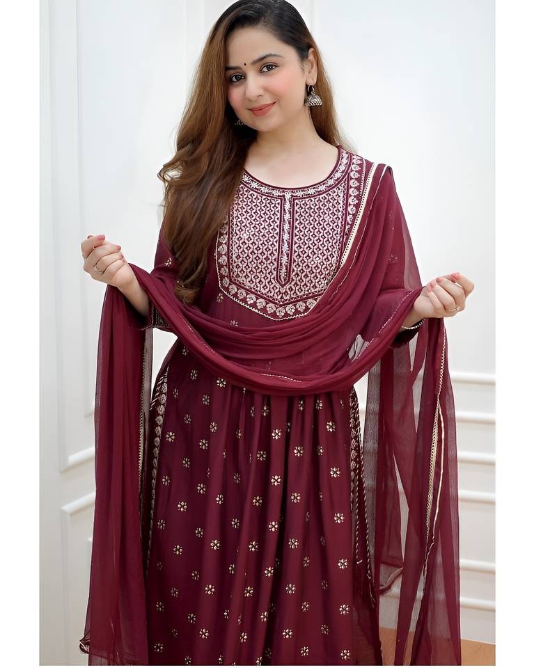 Cotton Anarkali Kurta Set with Pant & Dupatta