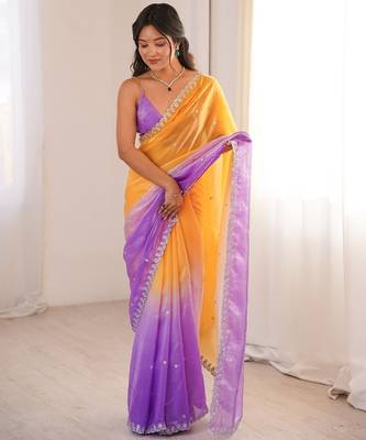 Lavender colour fendy satin sequins embroidered saree with unstitched blouse 1