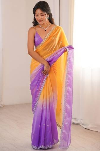 Lavender colour fendy satin sequins embroidered saree with unstitched blouse